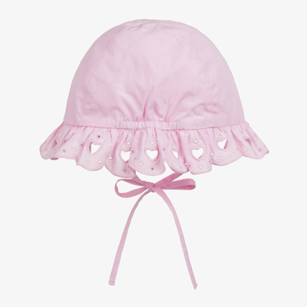 A Dee-Girls Pink Cotton Sun Hat with Heart Broderie Anglaise | Childrensalon