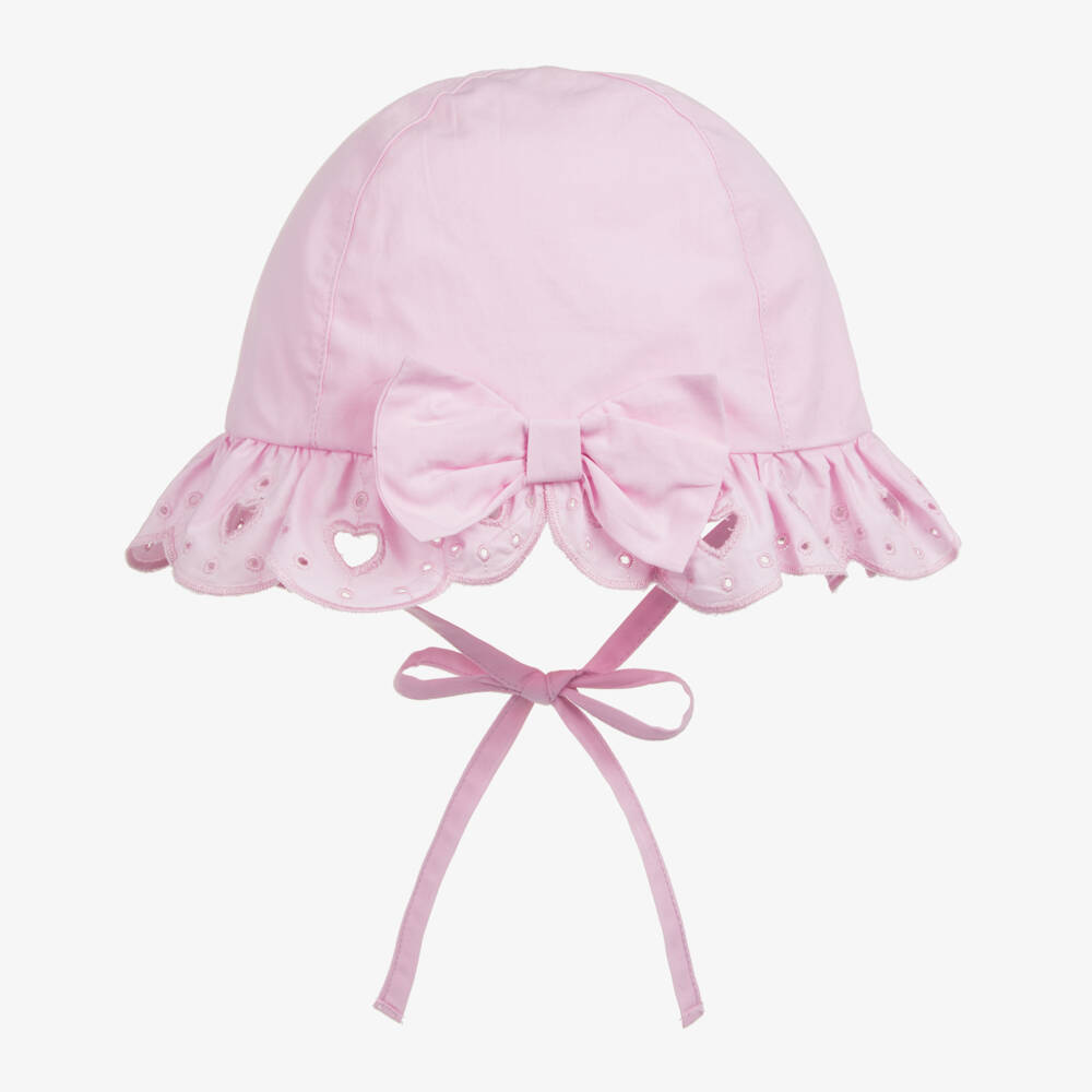 A Dee-Girls Pink Cotton Sun Hat with Heart Broderie Anglaise | Childrensalon