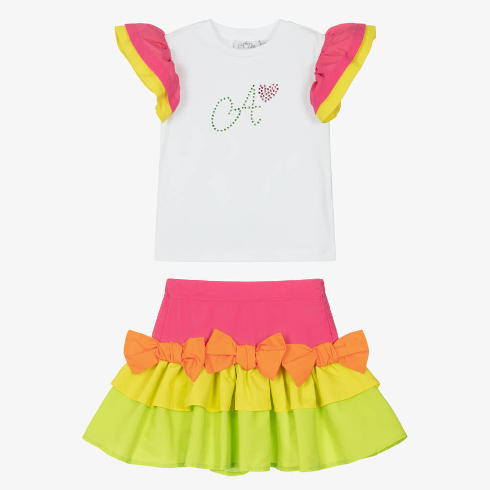 A Dee-Girls Pink & Green Tiered Skirt Set with Bows | Childrensalon