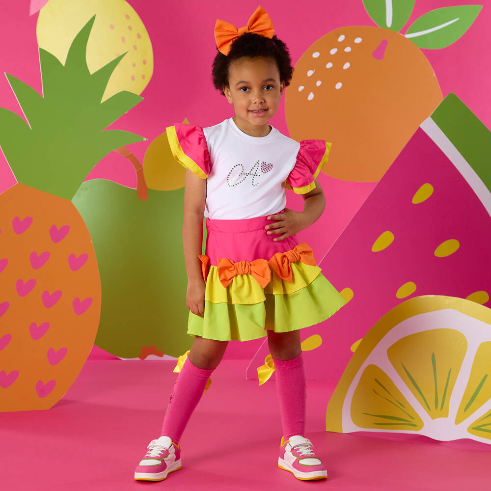 A Dee-Girls Pink & Green Tiered Skirt Set with Bows | Childrensalon