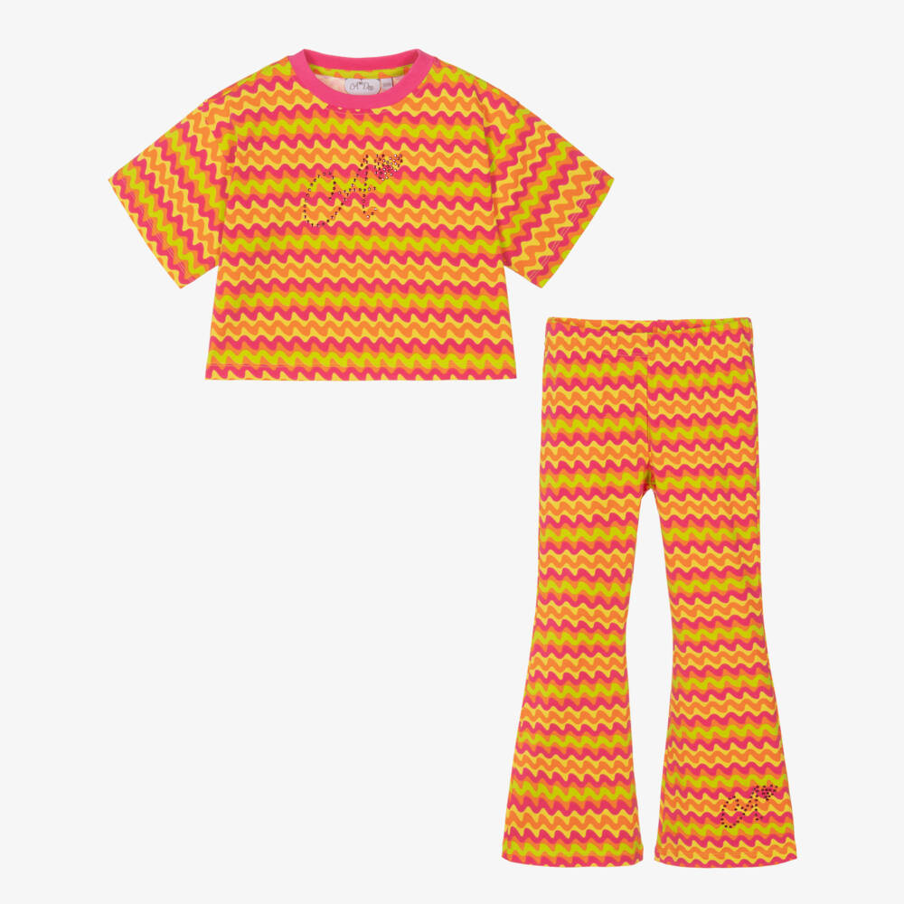 A Dee-Girls Pink & Orange Cotton Wavy Stripe Flared Leggings Set | Childrensalon