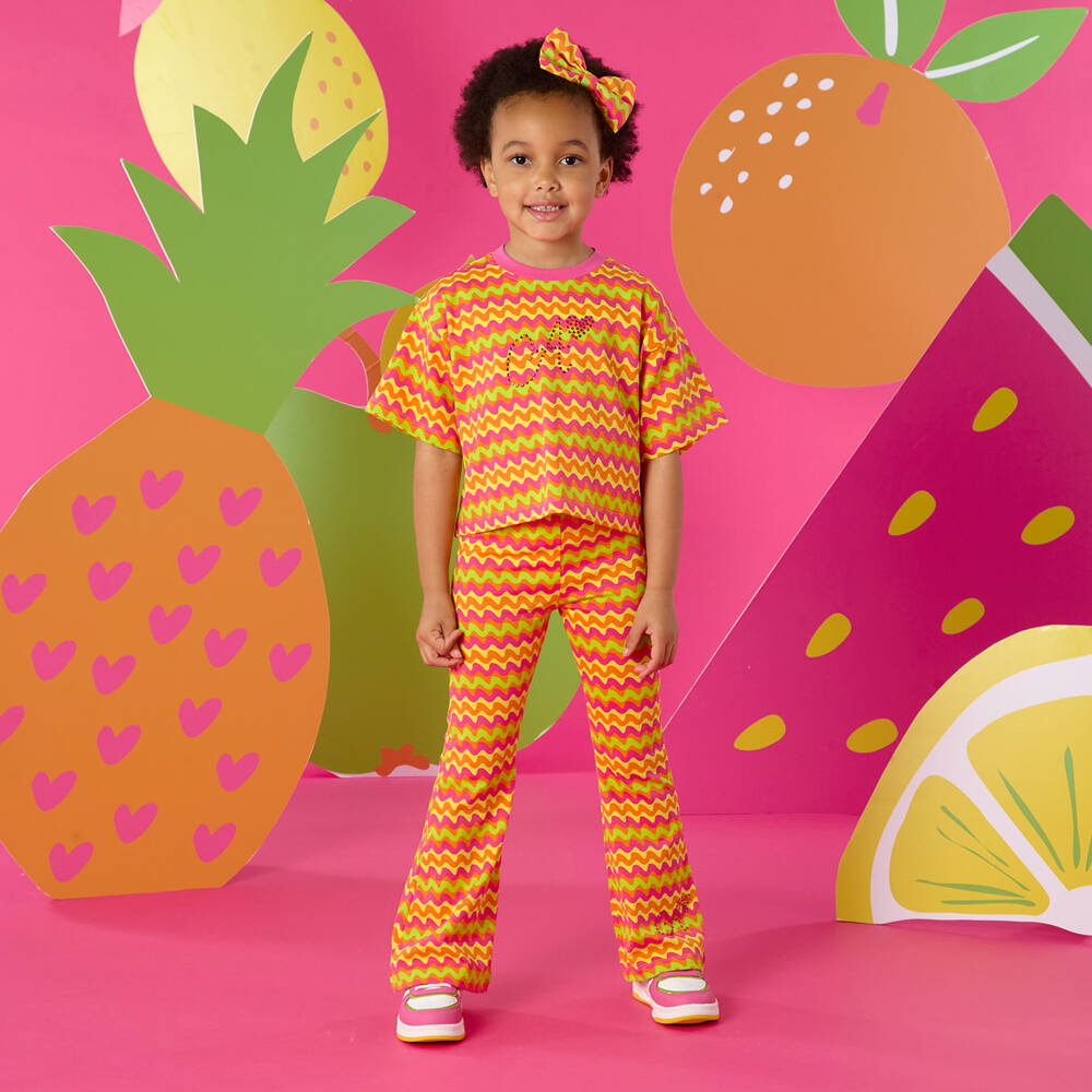 A Dee-Girls Pink & Orange Cotton Wavy Stripe Flared Leggings Set | Childrensalon