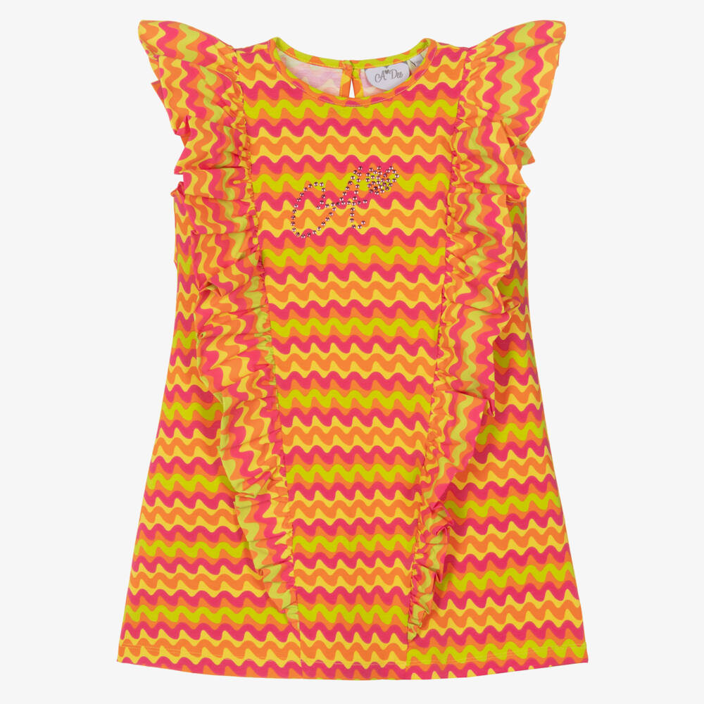 A Dee-Girls Pink & Orange Cotton Wavy Stripe Ruffle Dress | Childrensalon