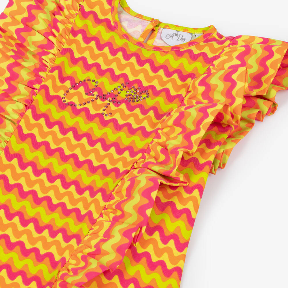 A Dee-Girls Pink & Orange Cotton Wavy Stripe Ruffle Dress | Childrensalon