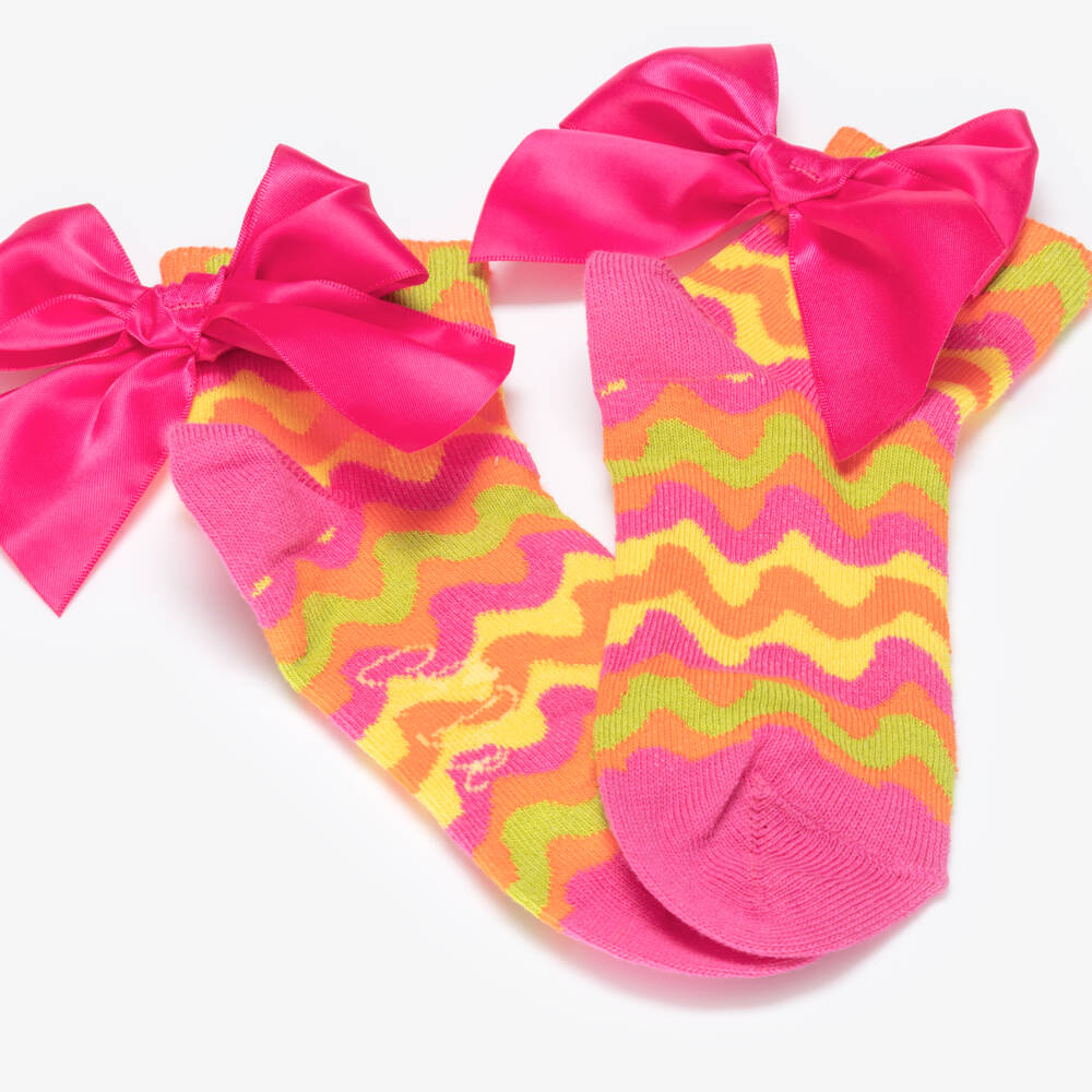 A Dee-Girls Pink & Orange Wavy Stripe Socks with Bows | Childrensalon