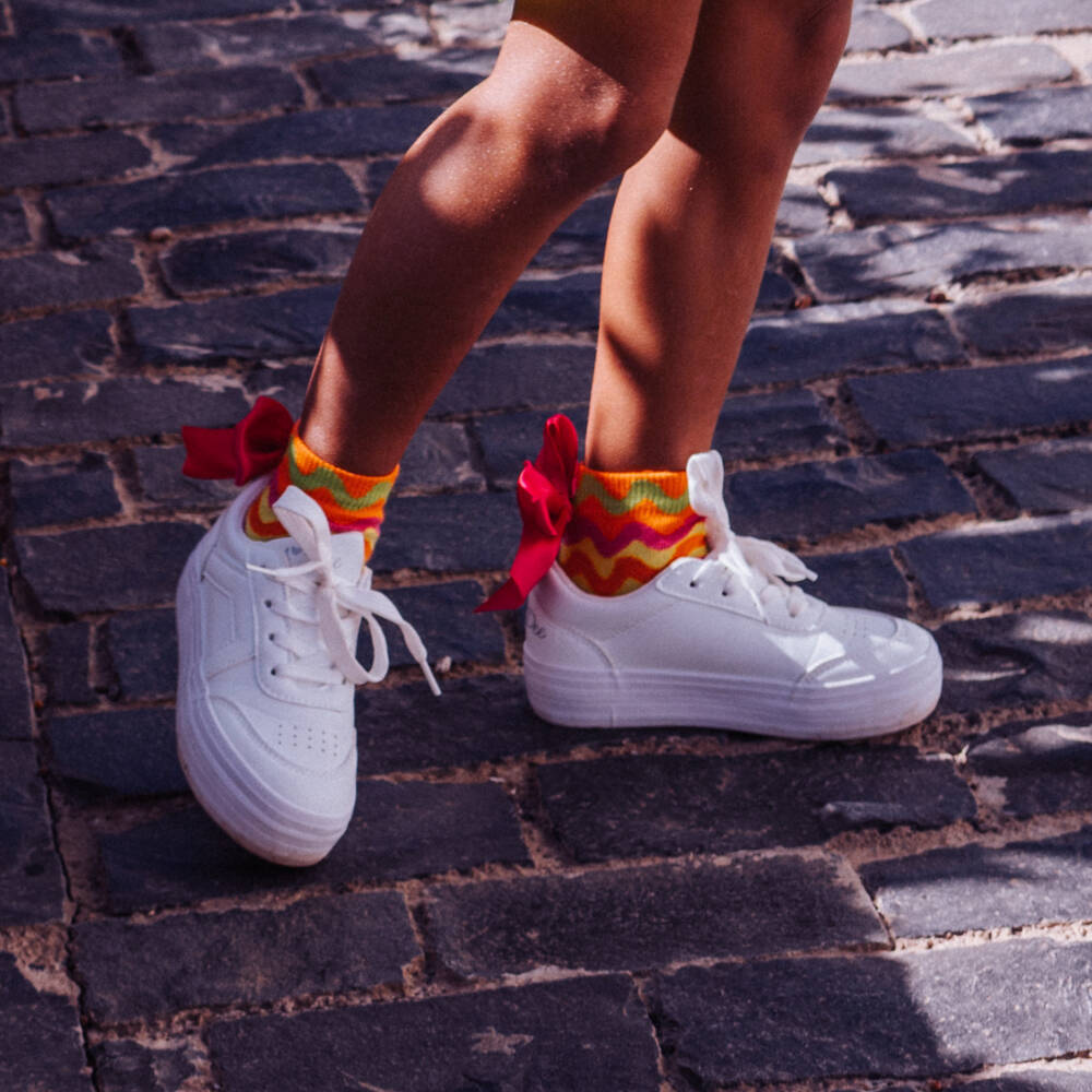 A Dee-Girls Pink & Orange Wavy Stripe Socks with Bows | Childrensalon