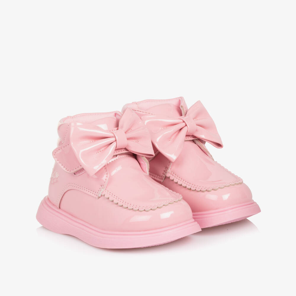 A Dee-Girls Pink Patent Velcro Bow Boots | Childrensalon