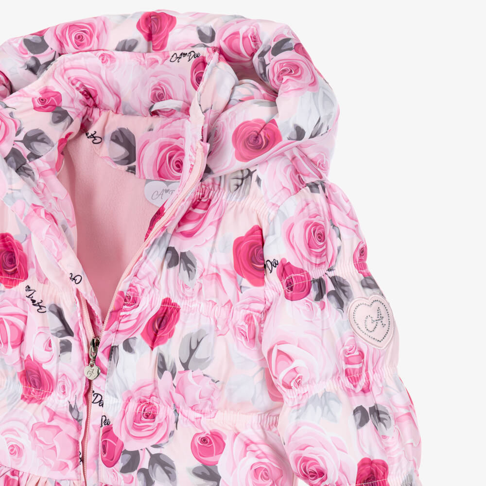 A Dee-Girls Pink Rose Print Puffer Coat | Childrensalon
