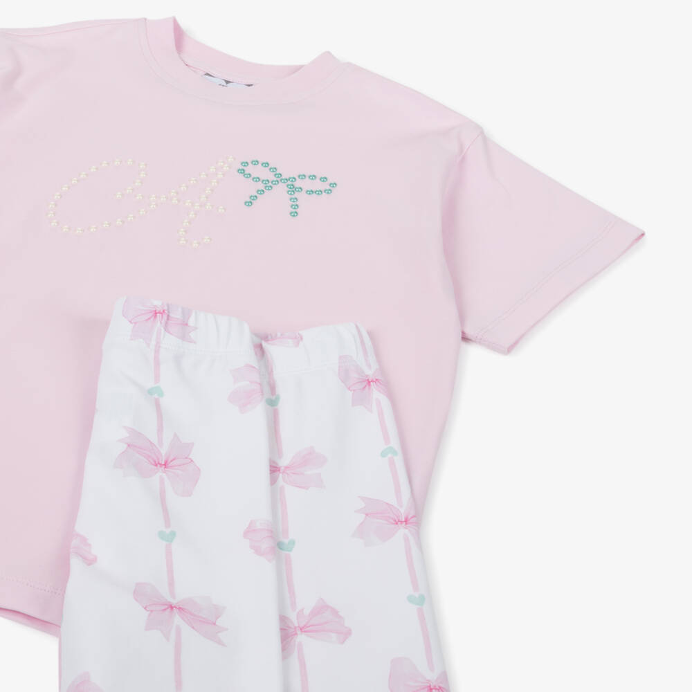 A Dee-Girls Pink & White Cotton Logo Shorts Set with Bows | Childrensalon