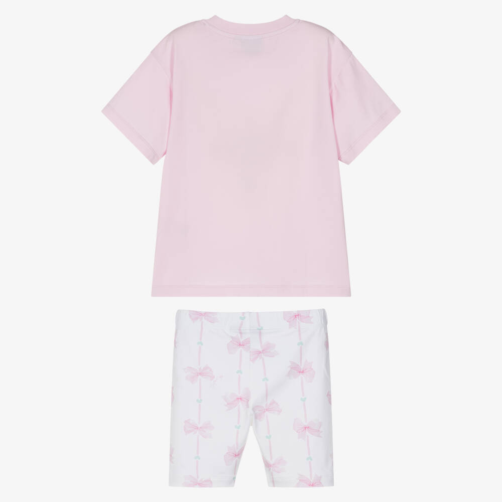 A Dee-Girls Pink & White Cotton Logo Shorts Set with Bows | Childrensalon