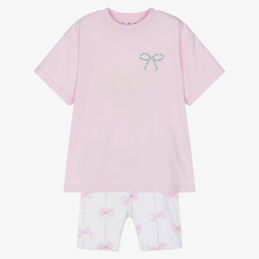 A Dee-Girls Pink & White Cotton Logo Shorts Set with Bows | Childrensalon