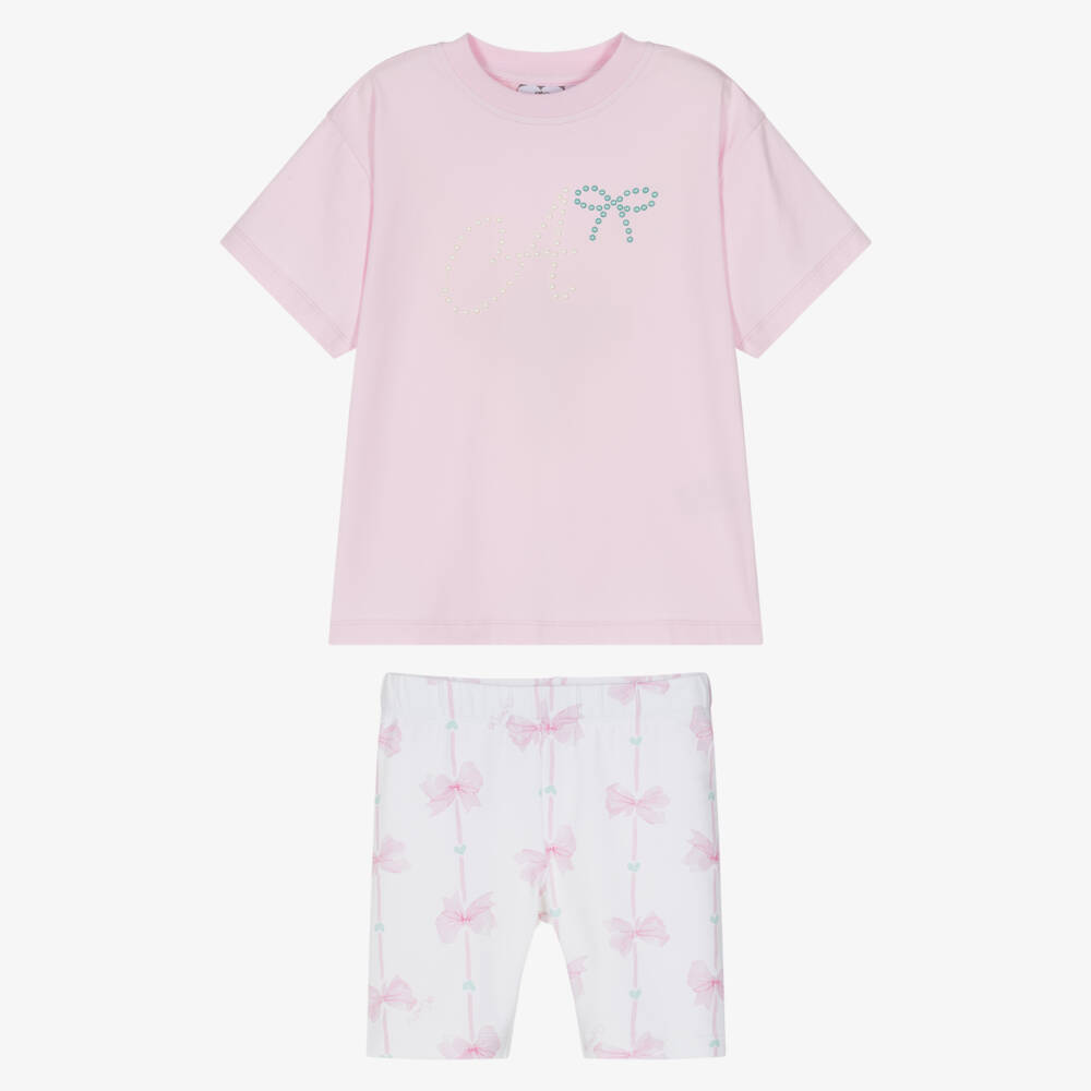 A Dee-Girls Pink & White Cotton Logo Shorts Set with Bows | Childrensalon