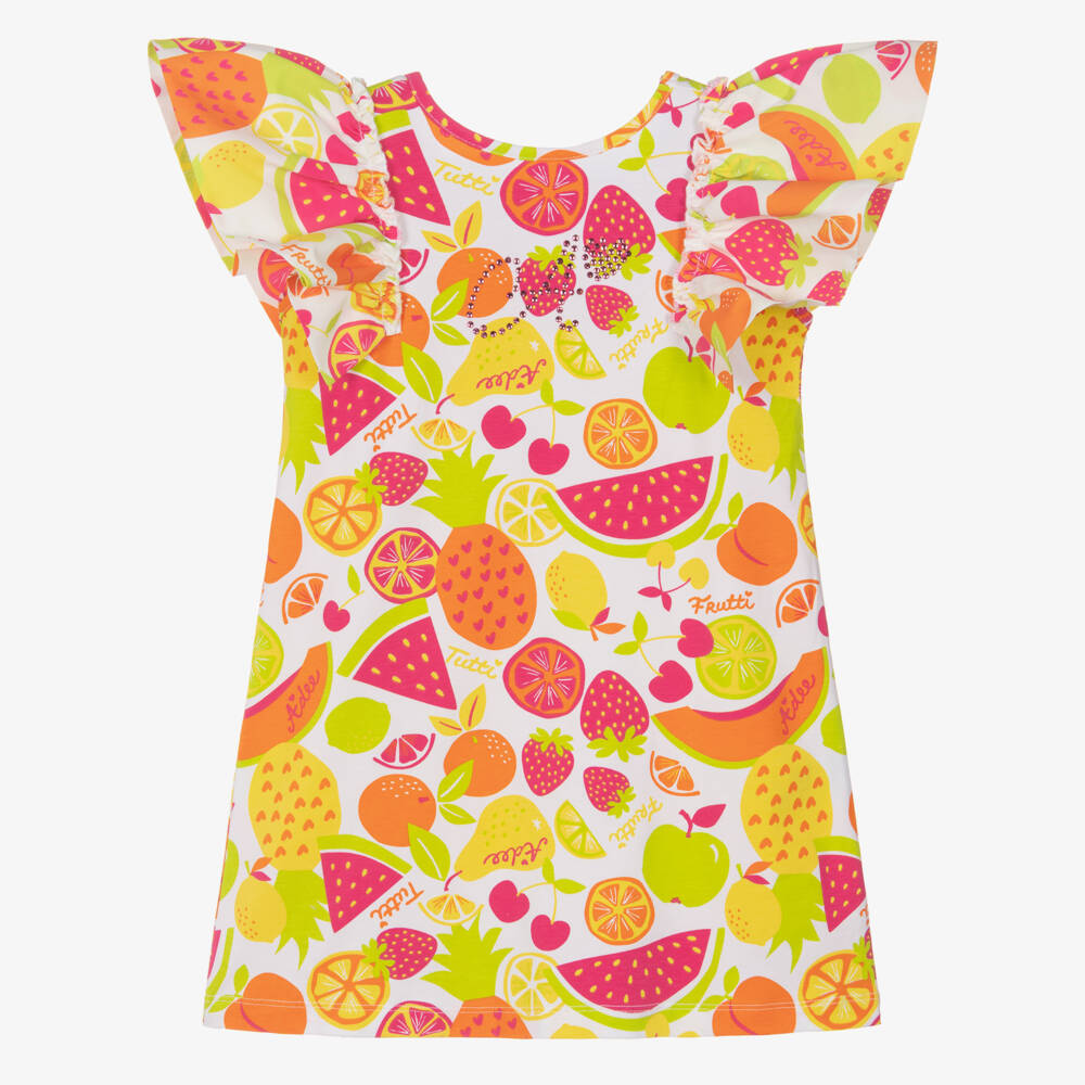 A Dee-Girls Pink & Yellow Fruit Print Dress with Diamanté Logo & Bow | Childrensalon