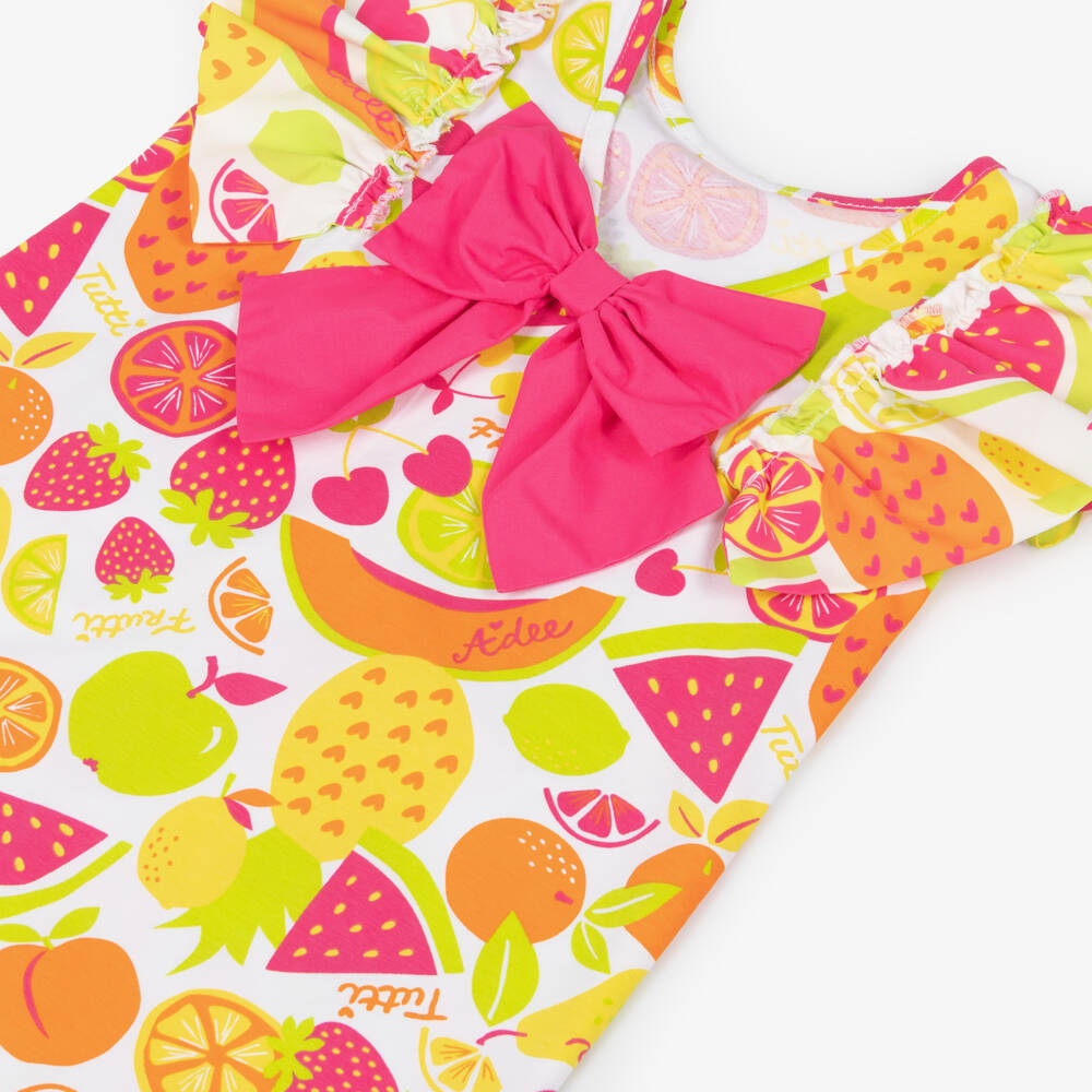 A Dee-Girls Pink & Yellow Fruit Print Dress with Diamanté Logo & Bow | Childrensalon
