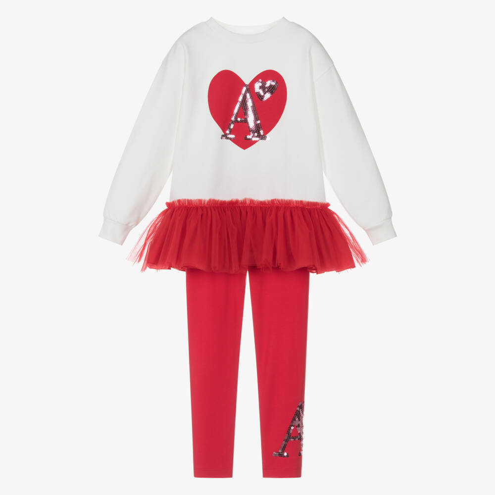 A Dee-Girls Red Cotton Heart Leggings Set with Sequinned Logos | Childrensalon