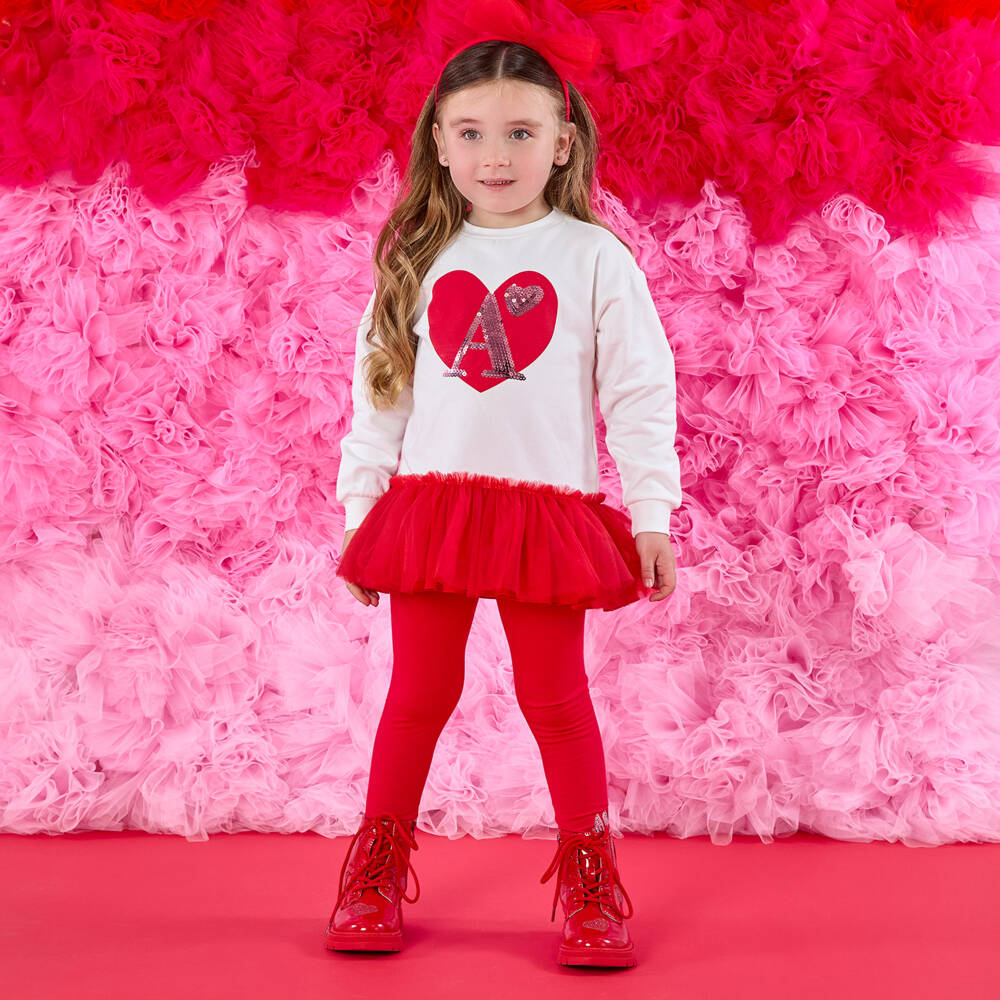 A Dee-Girls Red Cotton Heart Leggings Set with Sequinned Logos | Childrensalon