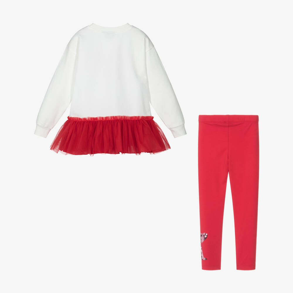 A Dee-Girls Red Cotton Heart Leggings Set with Sequinned Logos | Childrensalon