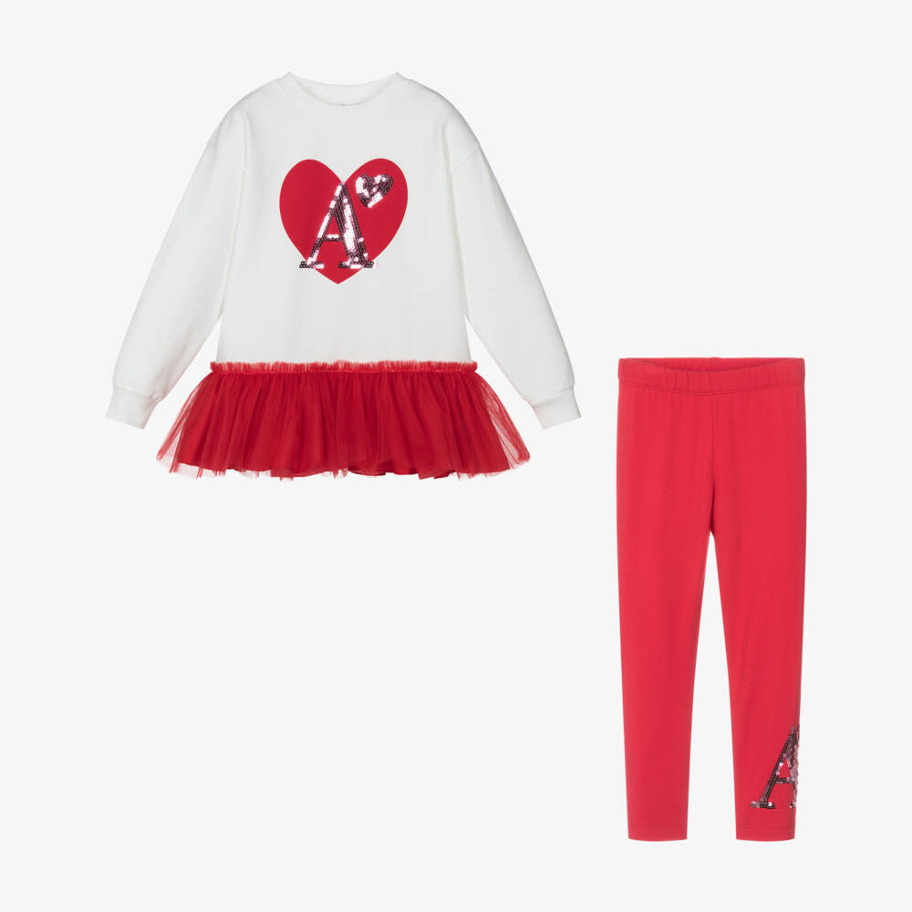 A Dee-Girls Red Cotton Heart Leggings Set with Sequinned Logos | Childrensalon