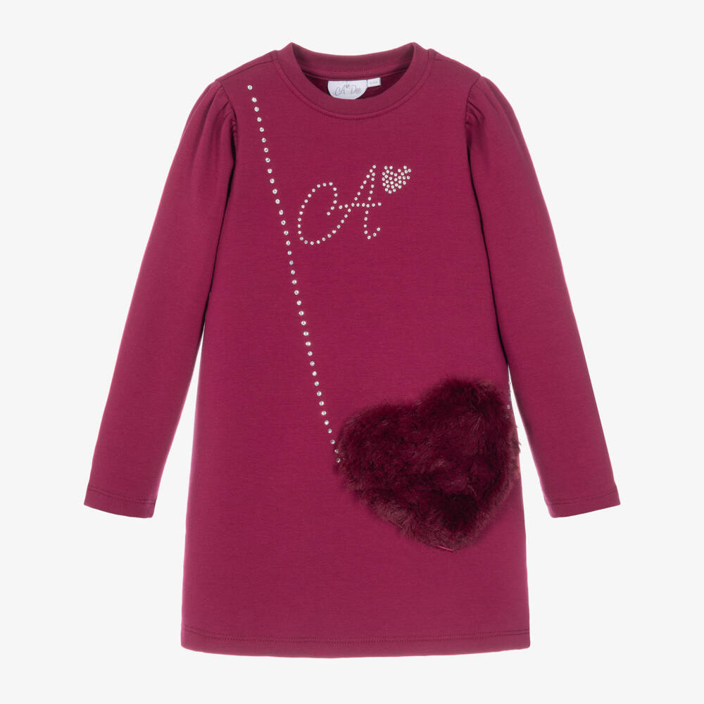 A Dee-Girls Red Cotton Jersey Dress with Fluffy Bag Appliqué | Childrensalon