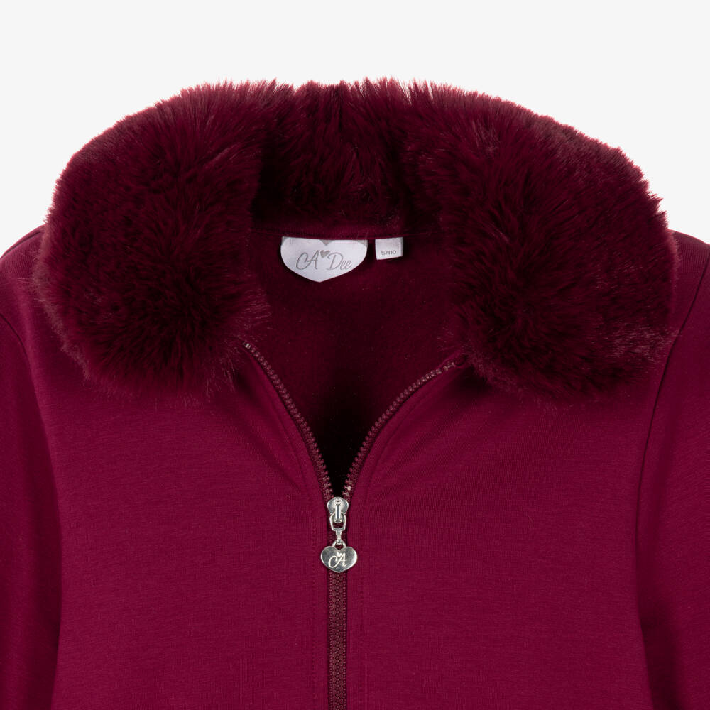 A Dee-Girls Red Faux Fur Trim Cotton Zip-Up Top | Childrensalon