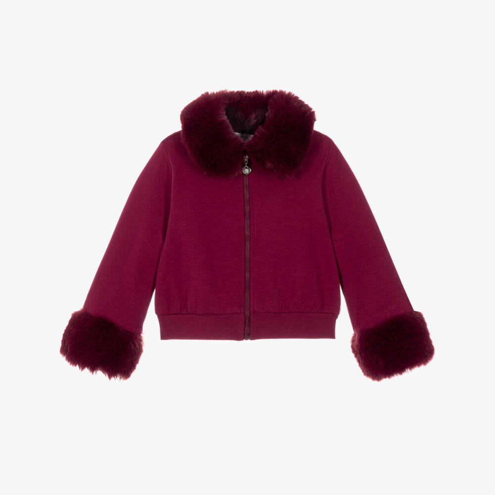A Dee-Girls Red Faux Fur Trim Cotton Zip-Up Top  | Childrensalon