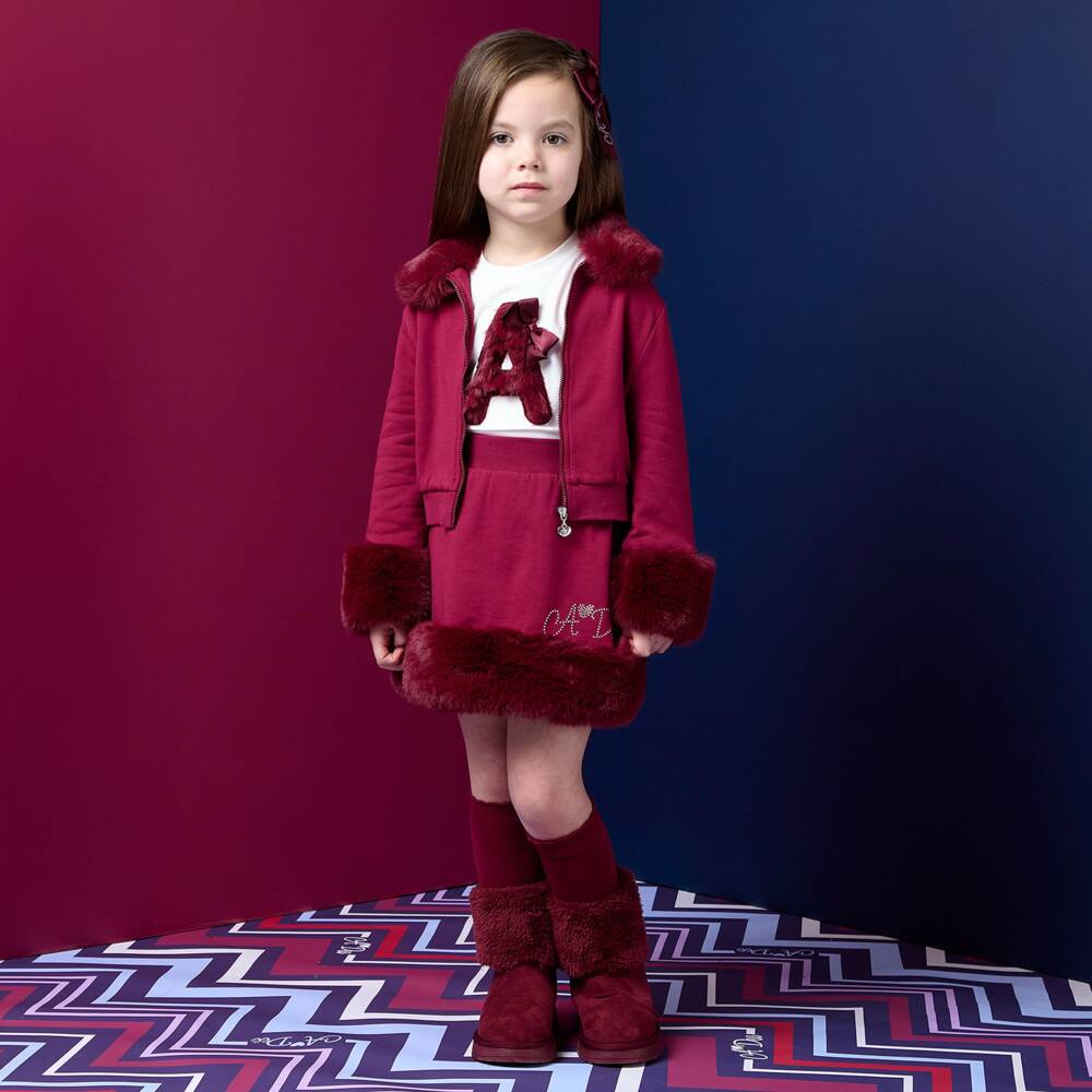 A Dee-Girls Red Faux Fur Trim Cotton Zip-Up Top | Childrensalon