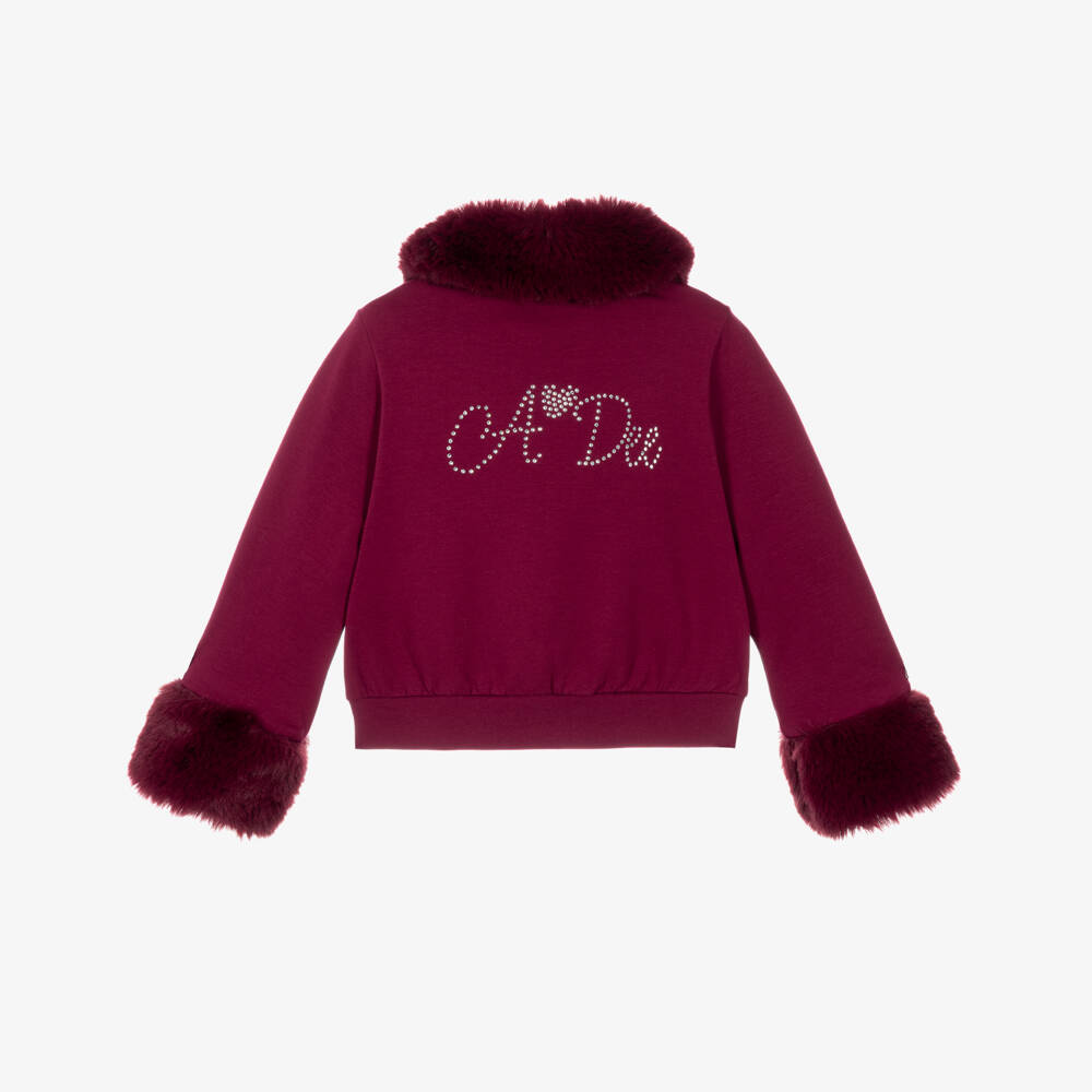 A Dee-Girls Red Faux Fur Trim Cotton Zip-Up Top | Childrensalon
