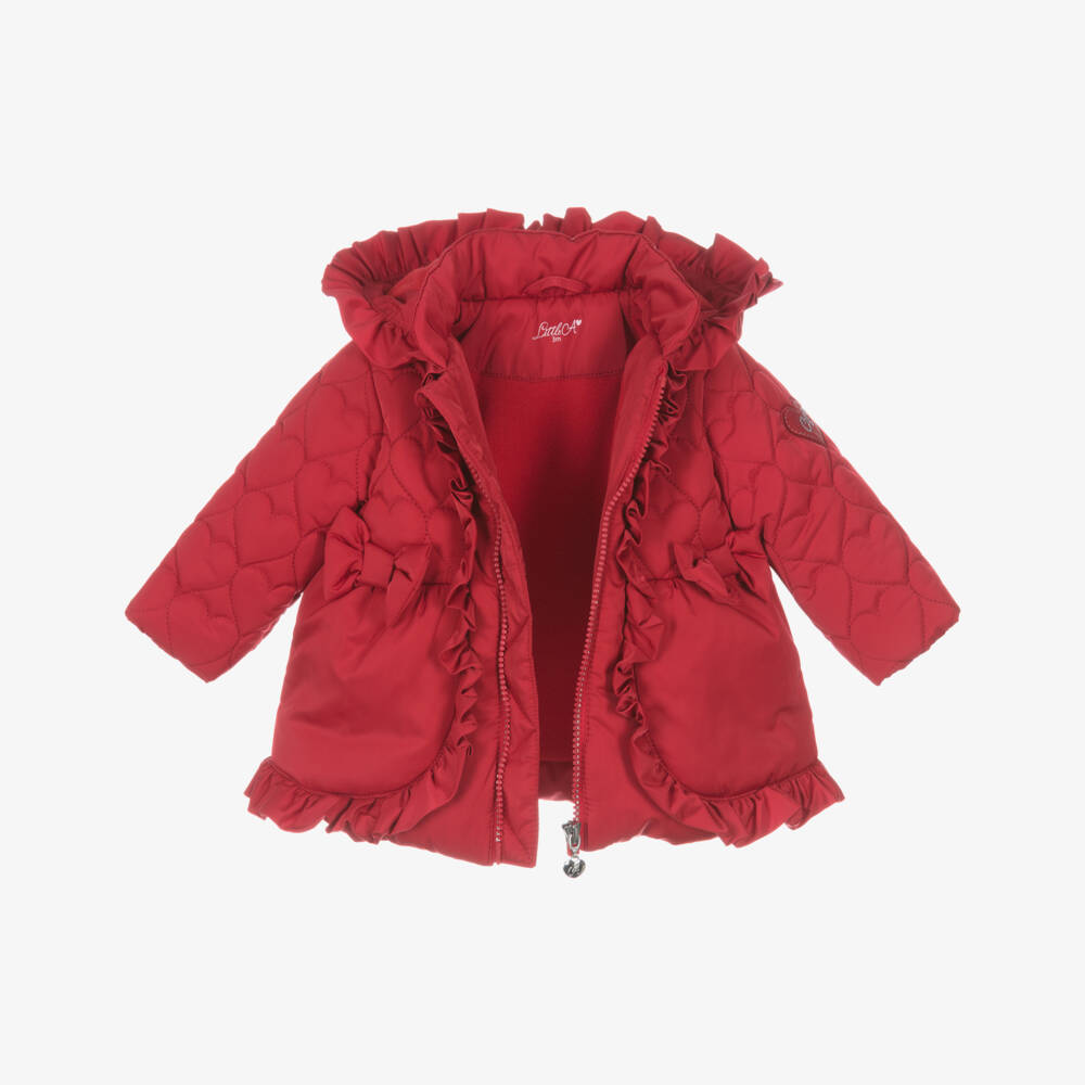 A Dee-Пуховик с капюшоном красный с рюшами и сердечками для девочек | Childrensalon