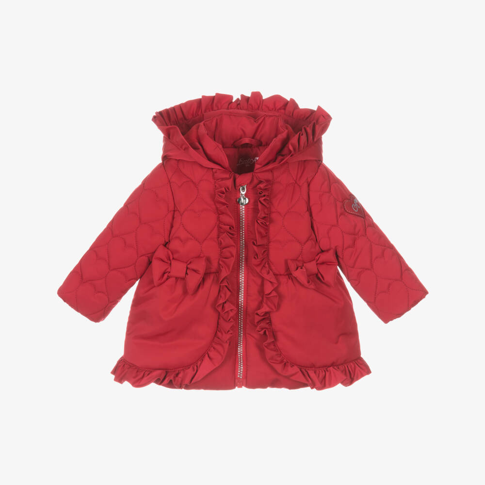 A Dee-Girls Red Hooded Puffer Coat with Ruffles & Hearts | Childrensalon