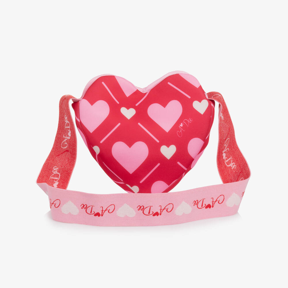 A Dee-Girls Red Neoprene Shoulder Bag with Pink Hearts & Logos (20cm) | Childrensalon