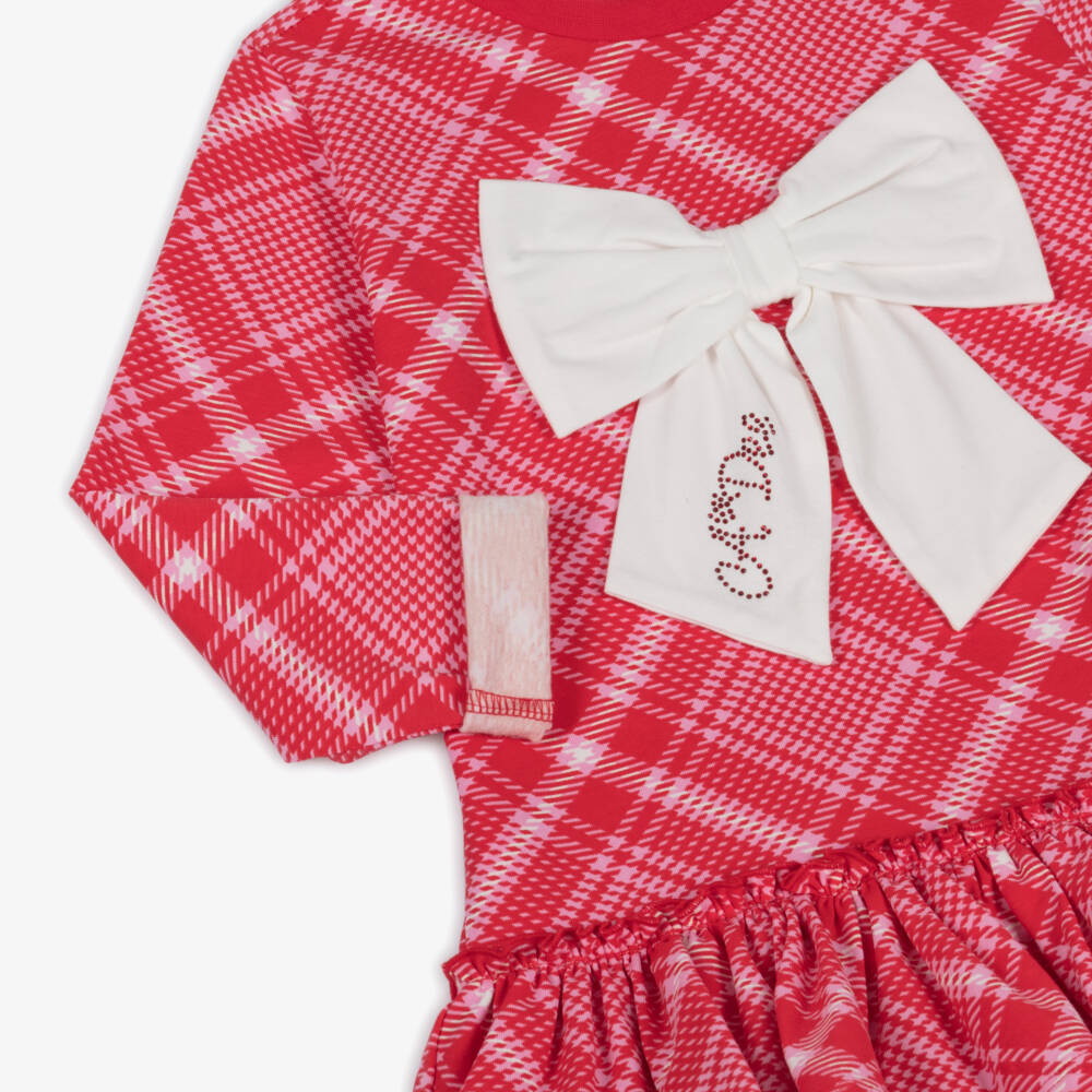 A Dee-Girls Red & Pink Cotton Tartan Dress with White Bow | Childrensalon
