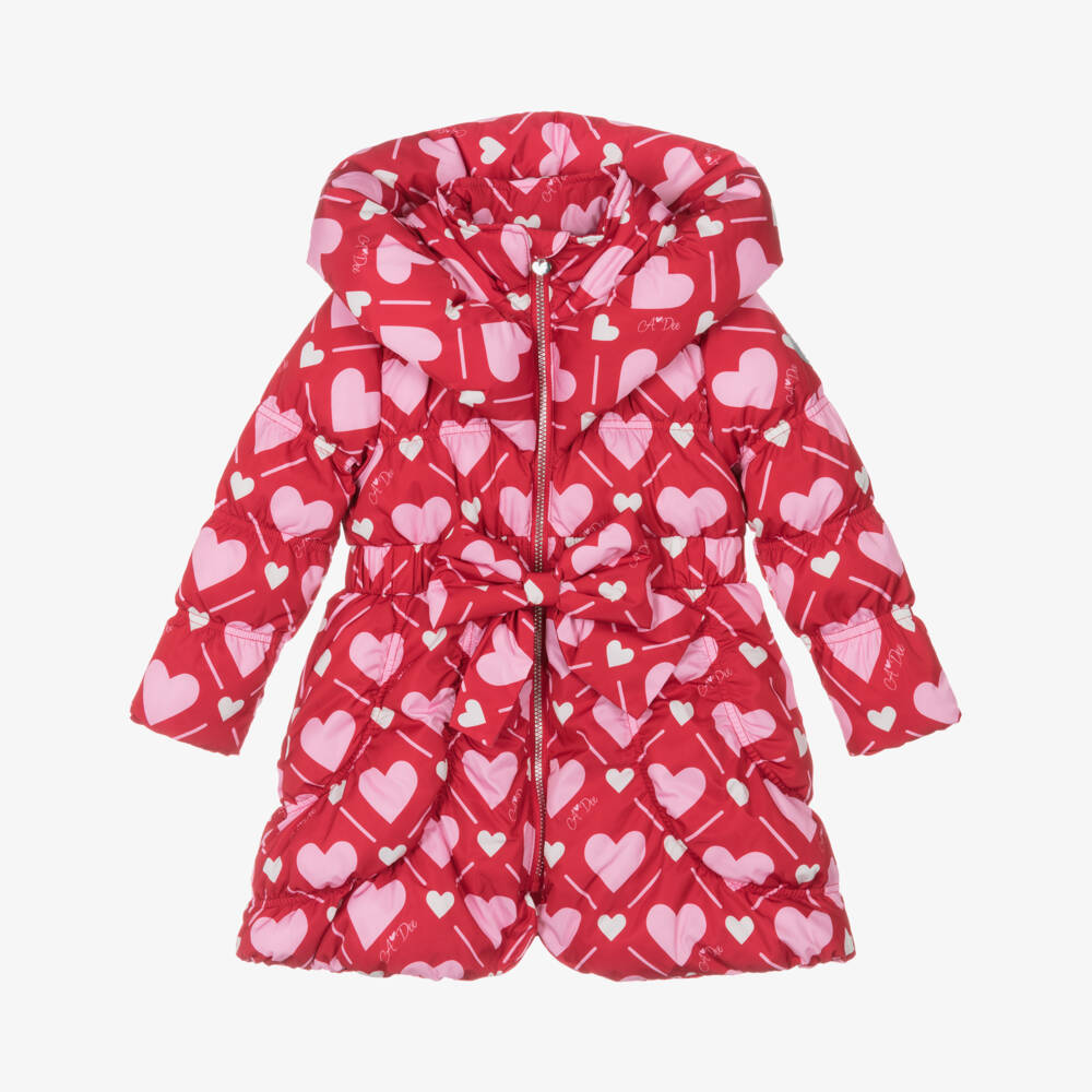 A Dee-Girls Red Puffer Coat with Pink Hearts & Logos | Childrensalon