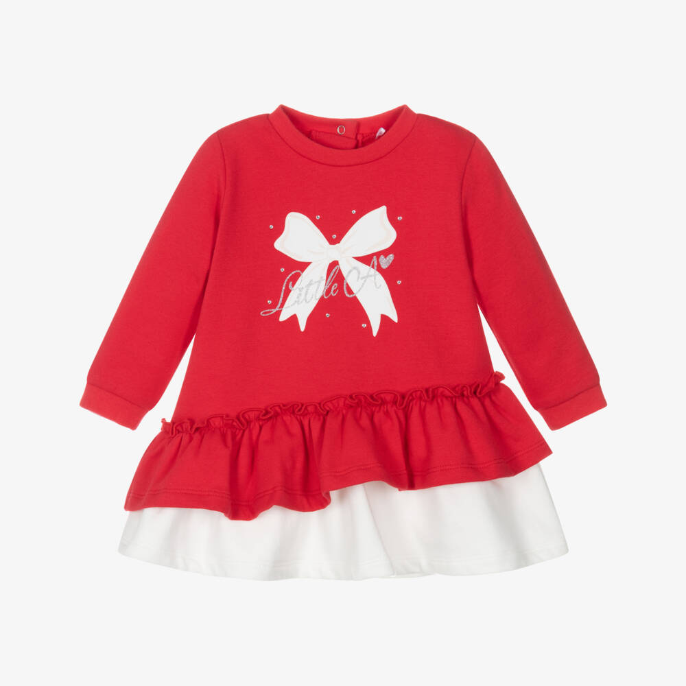 A Dee-Платье из хлопка красно-белое для девочек с бантом и блестящим логотипом | Childrensalon