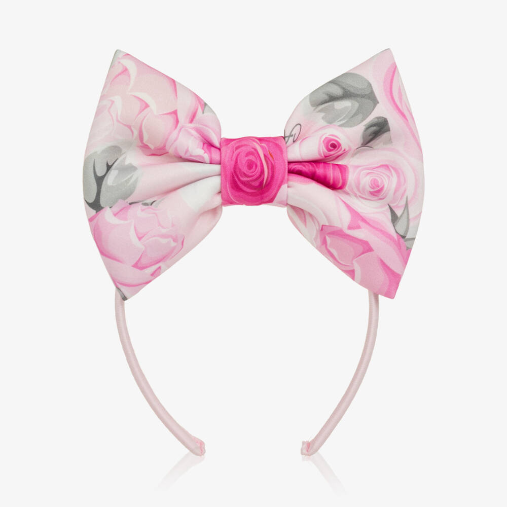 A Dee-Girls Rose Print Bow Hairband in Pale Pink | Childrensalon