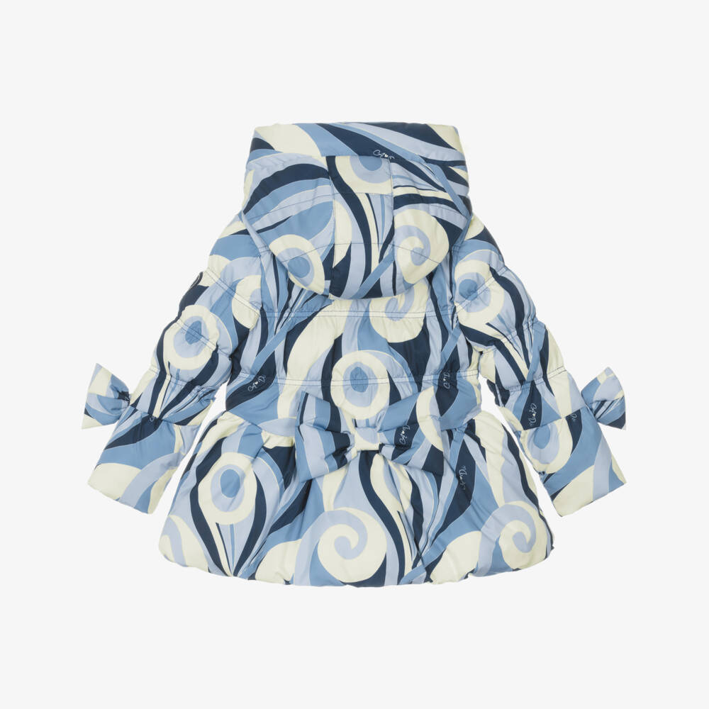 A Dee-Girls Swirly Blue Hooded Puffer Coat with Bows | Childrensalon