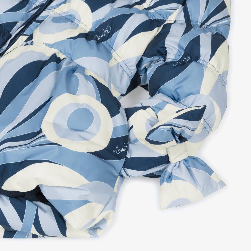 A Dee-Girls Swirly Blue Hooded Puffer Coat with Bows | Childrensalon