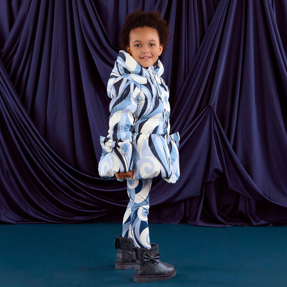 A Dee-Girls Swirly Blue Hooded Puffer Coat with Bows | Childrensalon