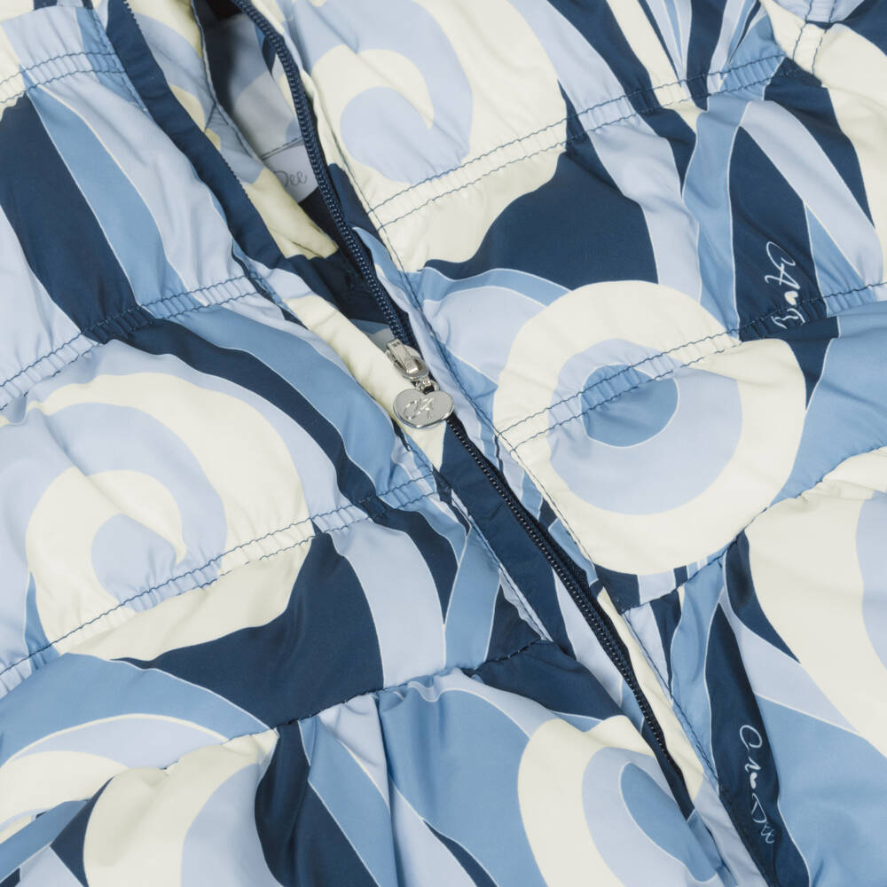 A Dee-Girls Swirly Blue Hooded Puffer Coat with Bows | Childrensalon