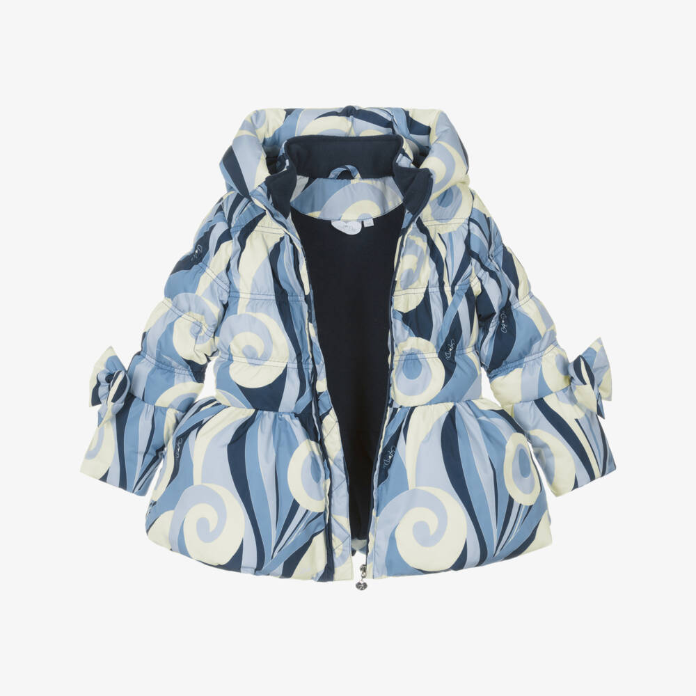 A Dee-Girls Swirly Blue Hooded Puffer Coat with Bows | Childrensalon