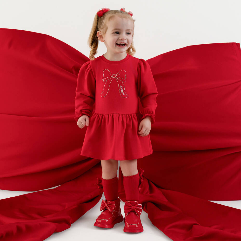 A Dee-Girls Tomato Red Cotton Jersey Dress with Sparkly Bow | Childrensalon