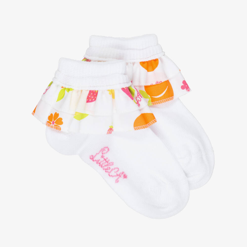 A Dee-Girls White Ankle Socks with Fruit Print Frill | Childrensalon