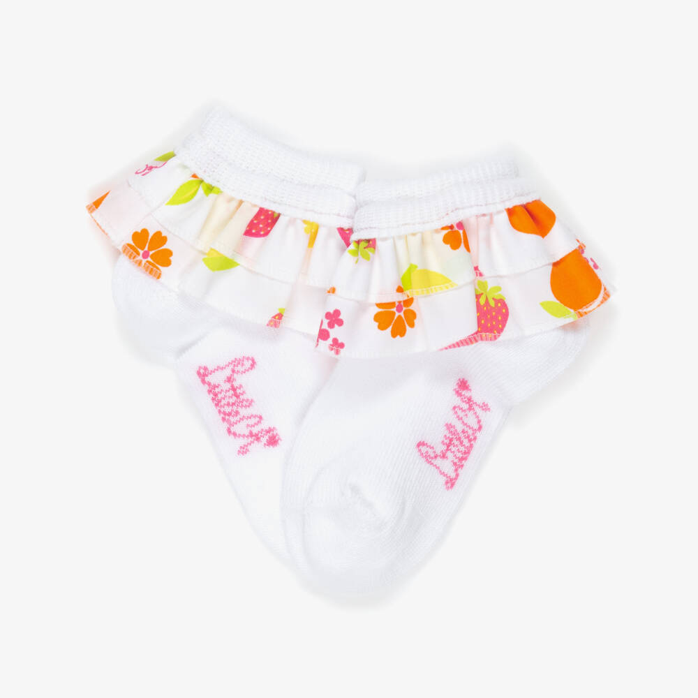 A Dee-Girls White Ankle Socks with Fruit Print Frill | Childrensalon