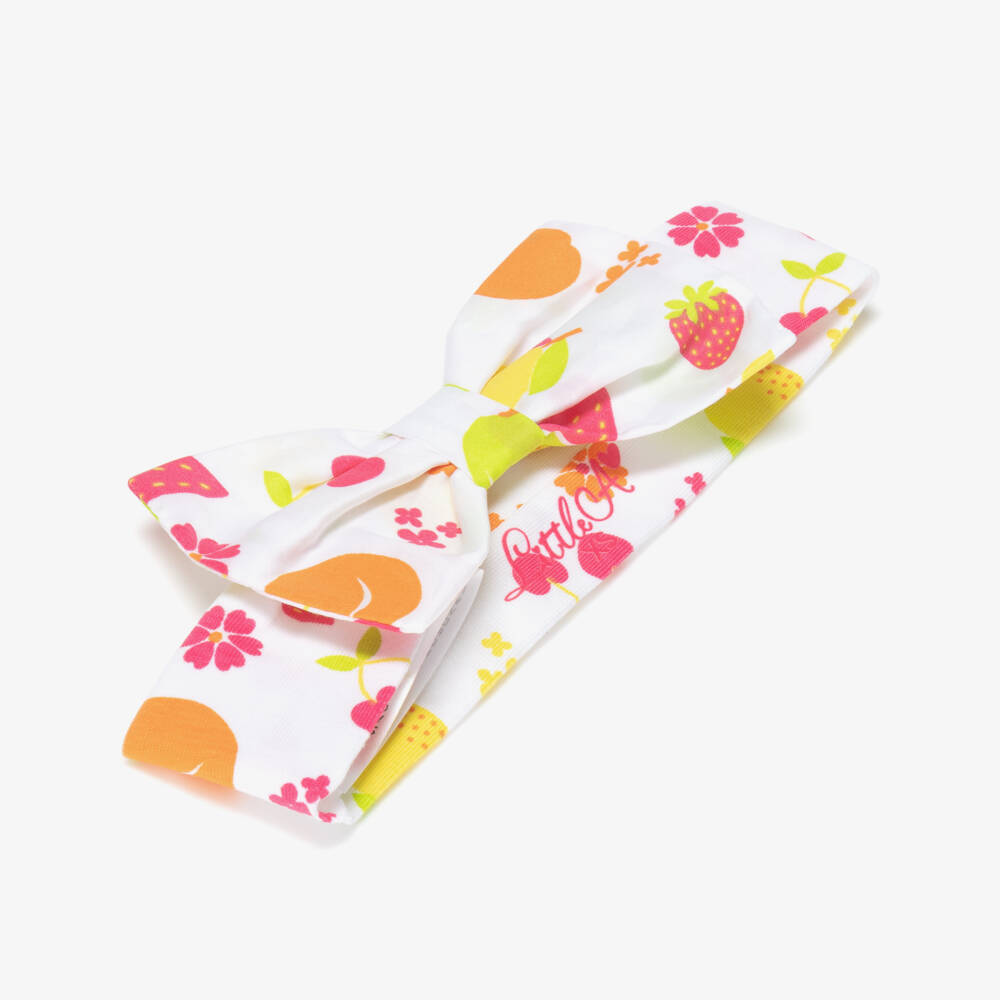 A Dee-Girls White Cotton Bow Headband with Colourful Fruit Print | Childrensalon