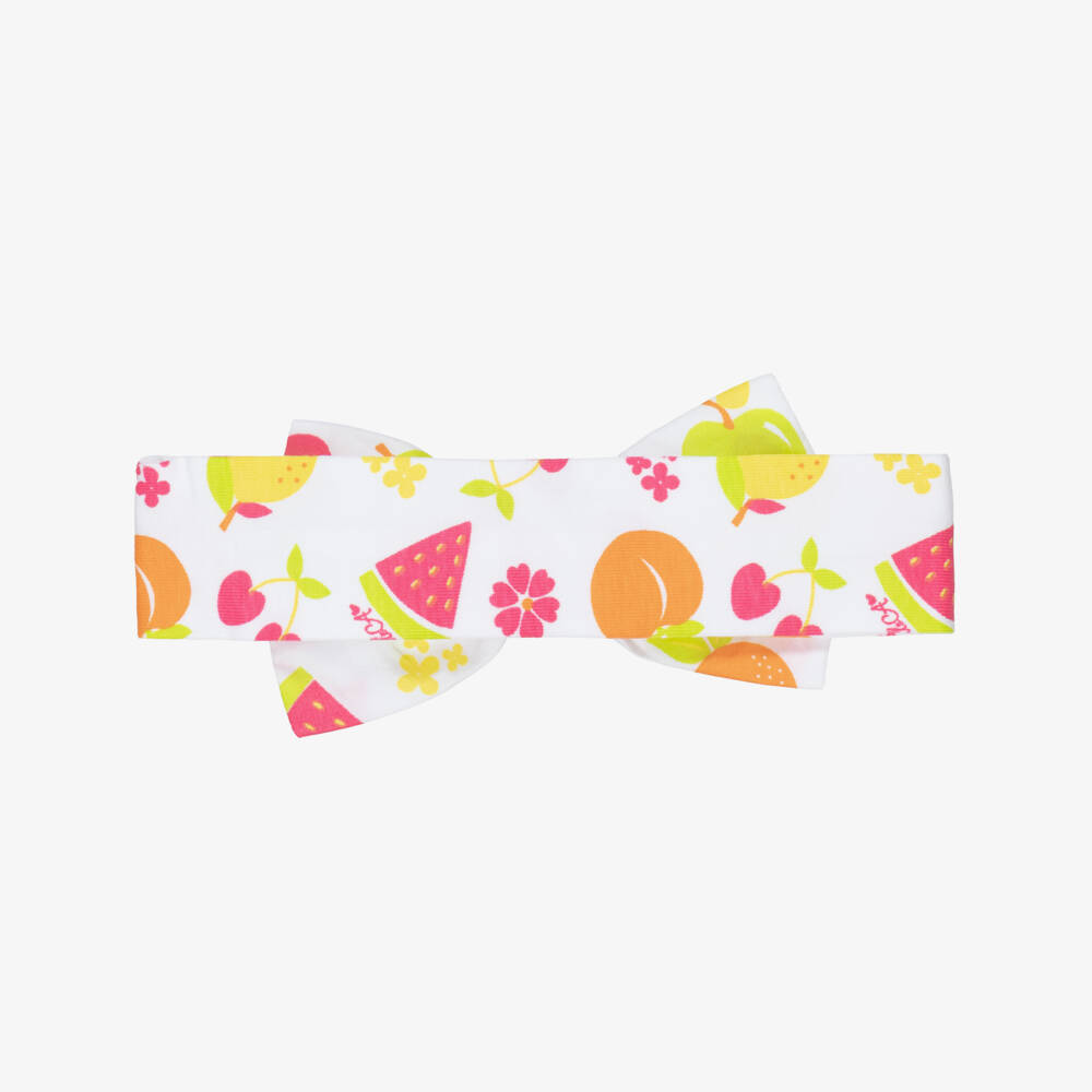 A Dee-Girls White Cotton Bow Headband with Colourful Fruit Print | Childrensalon