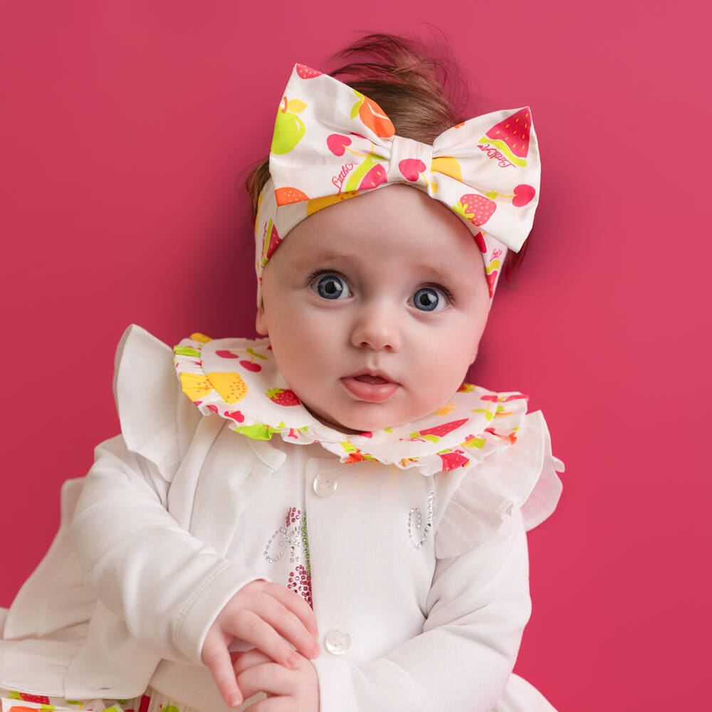 A Dee-Girls White Cotton Bow Headband with Colourful Fruit Print | Childrensalon
