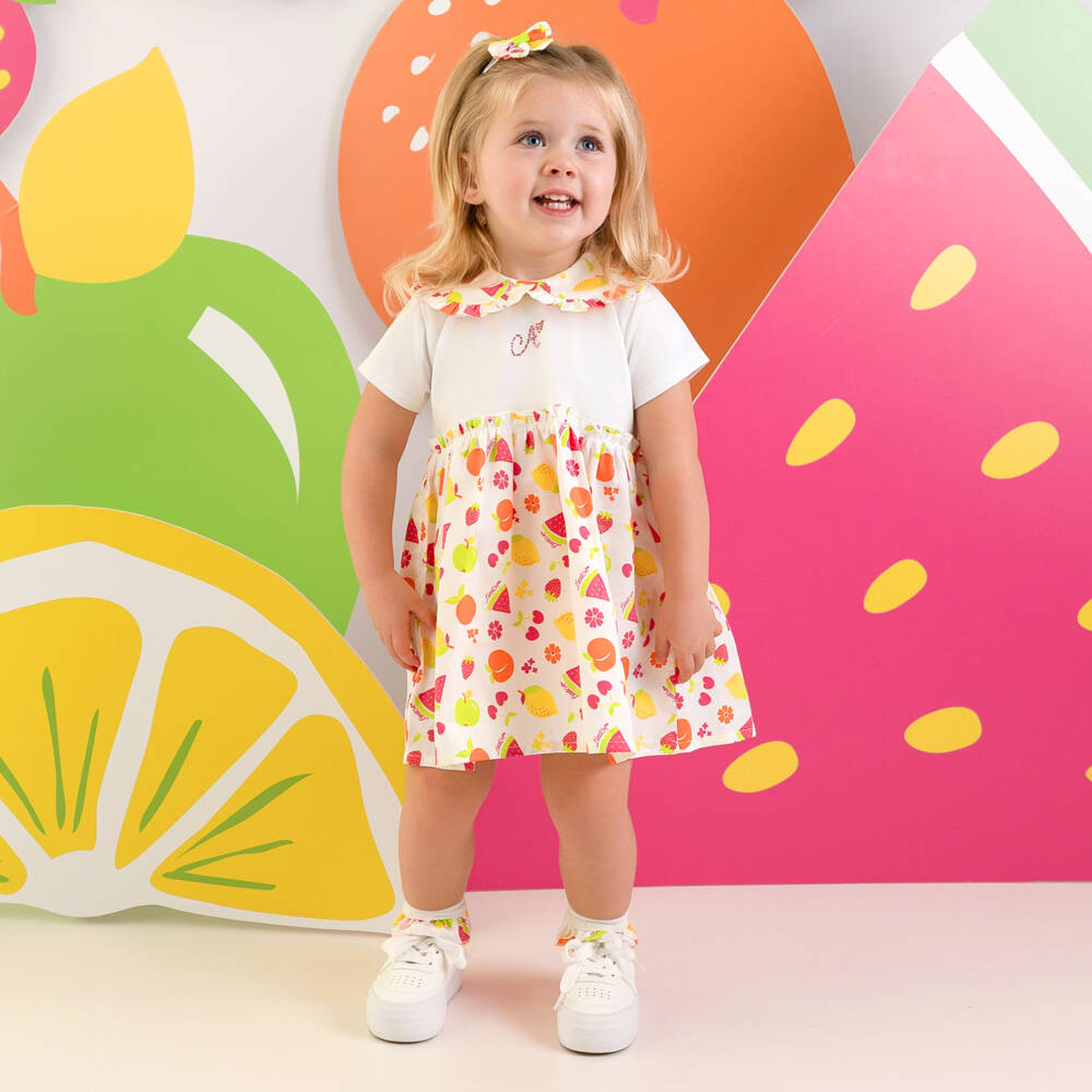 A Dee-Girls White Cotton Dress with Colourful Fruit Print | Childrensalon