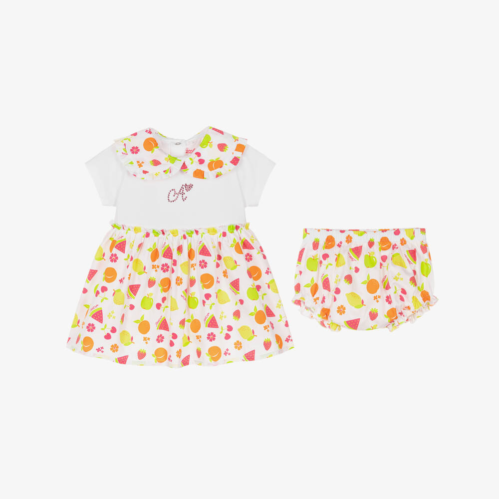 A Dee-Girls White Cotton Dress with Colourful Fruit Print | Childrensalon