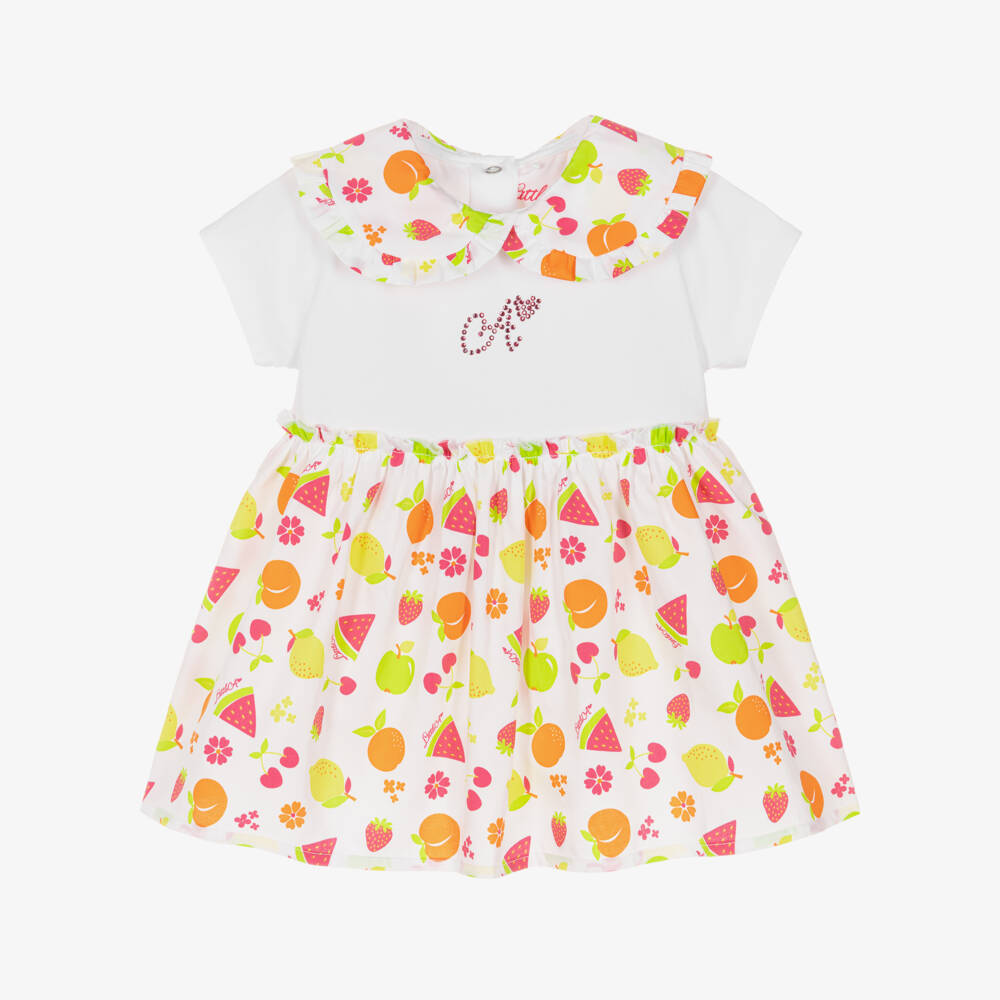 A Dee-Girls White Cotton Dress with Colourful Fruit Print | Childrensalon