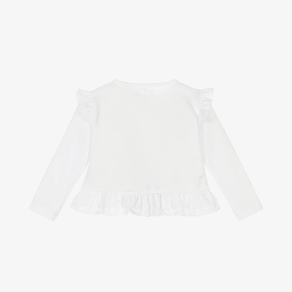 A Dee-Girls White Cotton Frill Cardigan with Diamanté Logo | Childrensalon