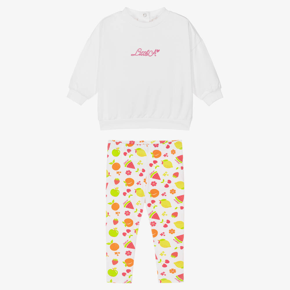 A Dee-Girls White Cotton Logo Leggings Set with Fruit Print | Childrensalon